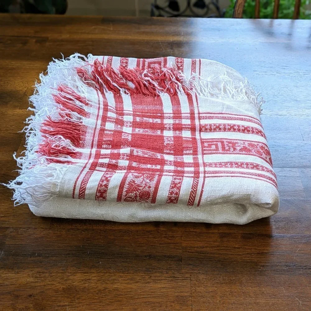 White & Red Linen Fringe Vintage Tablecloth